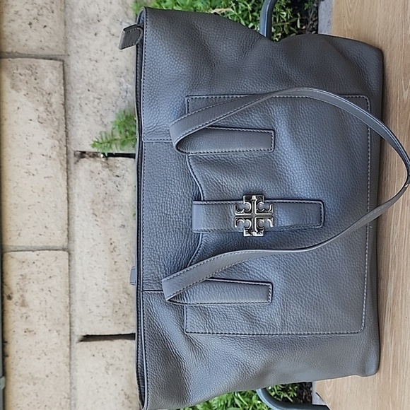 Tory Burch Gray Pebble Leather Tote Bag shoulder bag - Picture 1 of 15